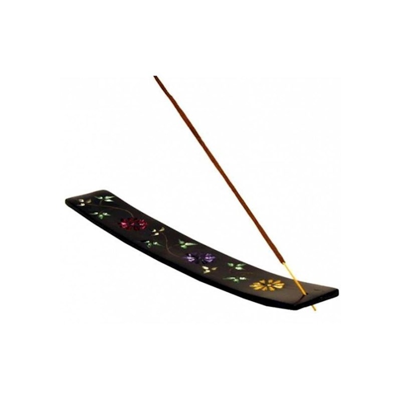 16811 Wierookhouder zeepsteen ski met bloemmotieven -- 26x4 cm